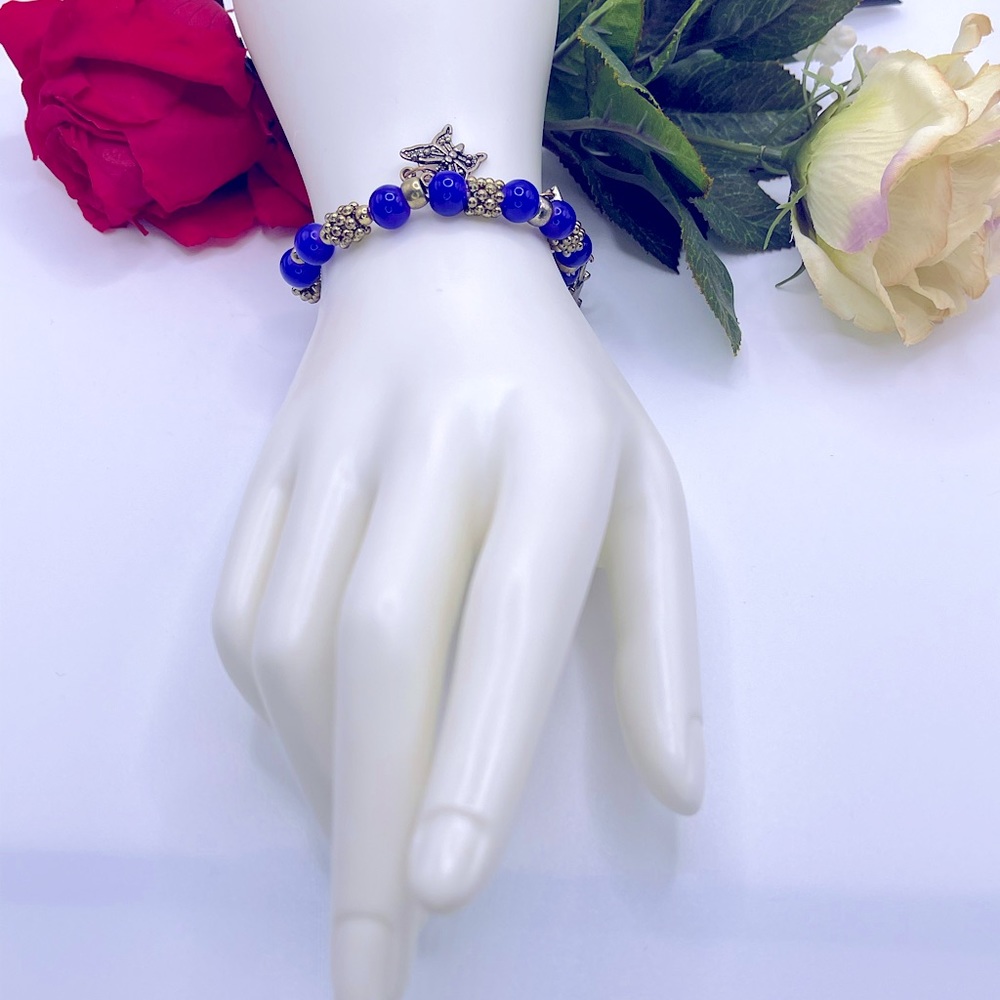 -SOLD-Silver Plated And Royal Blue Stone Charm Bracelet YS